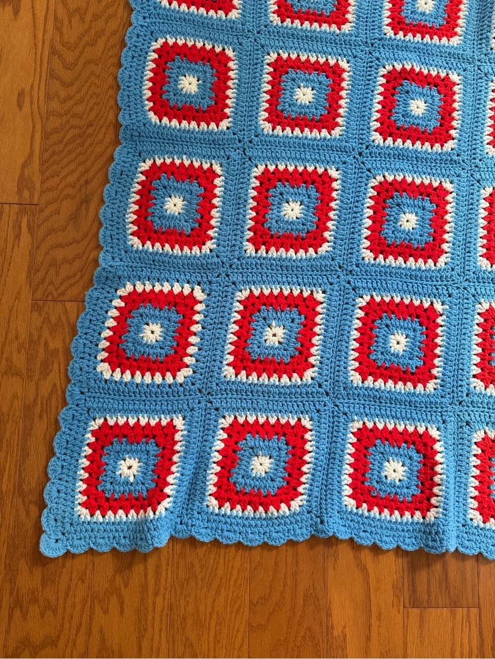 Handmade Crochet Granny Square Blanket Throw in Blue, Red & Cream 5x5